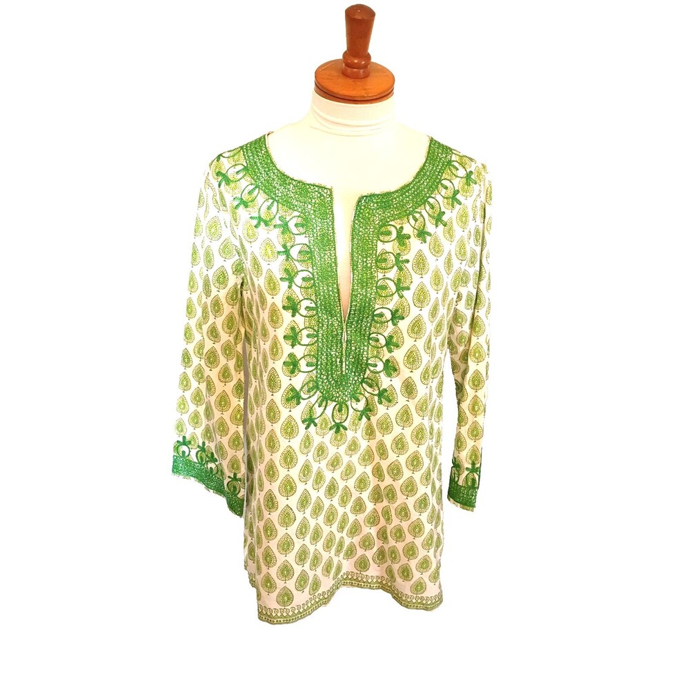 POMEGRANATE RESORT  Green Block Print Embroidered Tunic Sz Medium